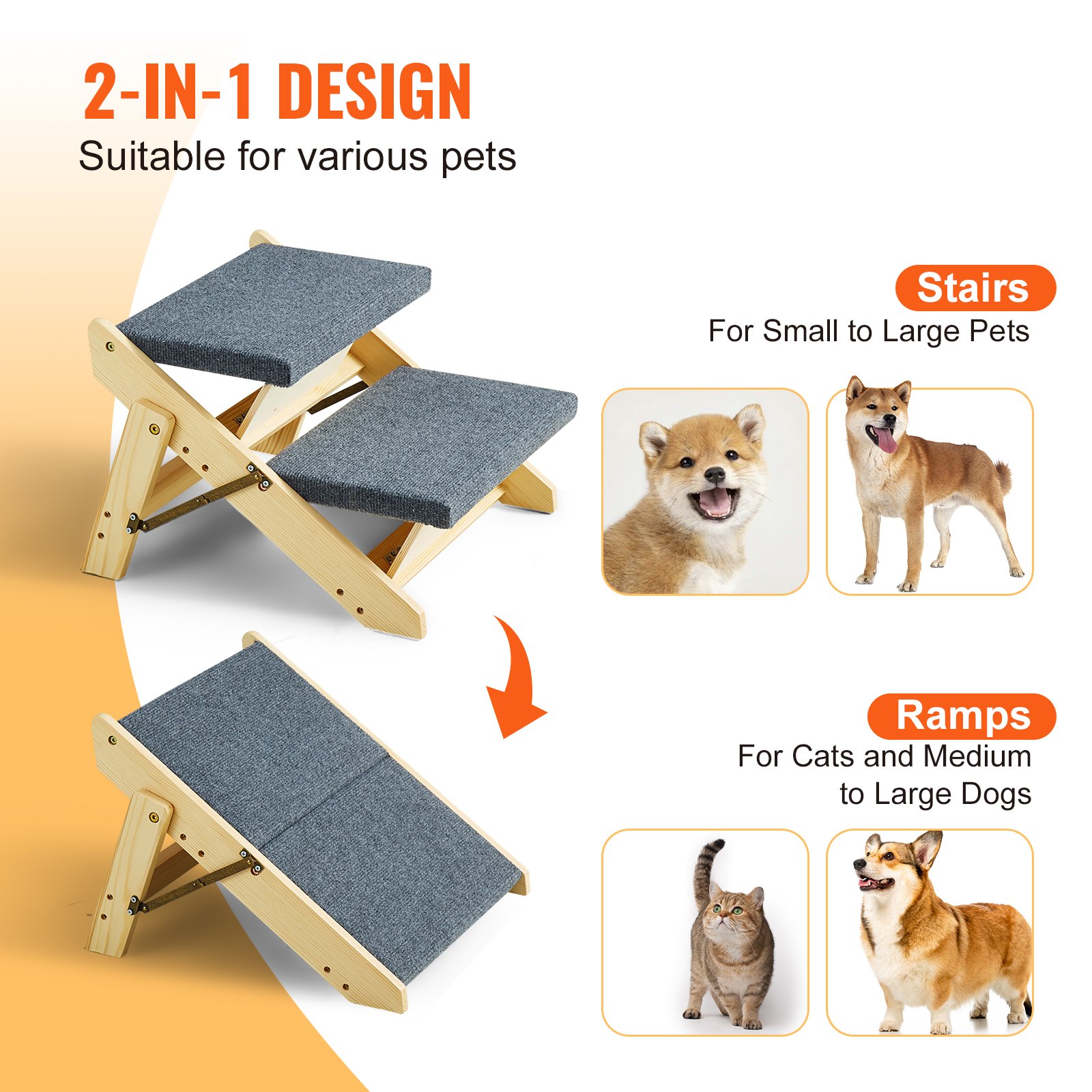 VEVOR Escaleras de Madera para Mascotas 2 Escalones Rampa de Escalera Convertible 2 en 1 para Perros de Razas Pequeñas y Grandes Capacidad de Carga 50 kg para Acceso a Camas, Sofás, Vehículos