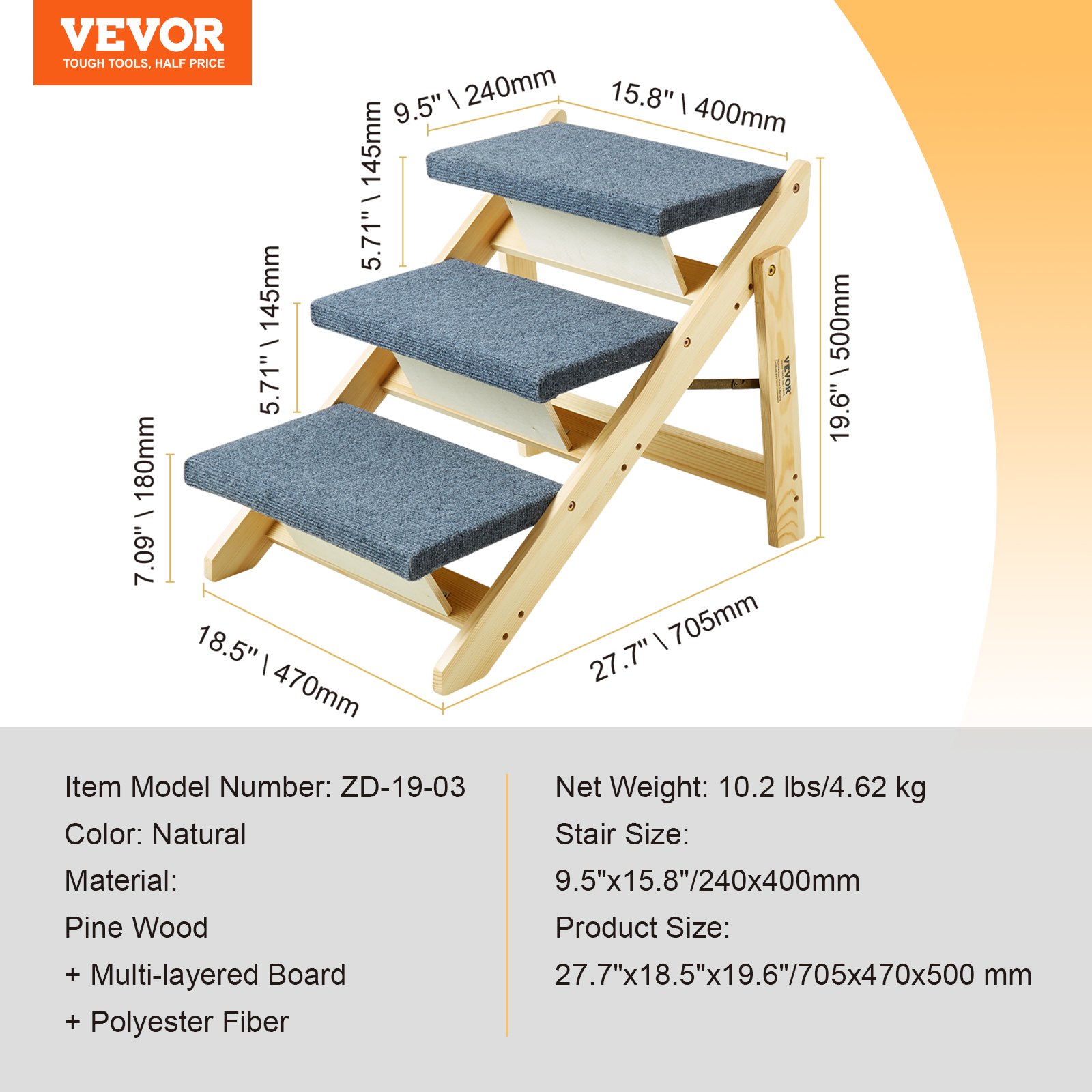 VEVOR Wooden Pet Stairs/Pet Steps, 2-in-1 Foldable Wooden Dog Stairs for Beds, Sofas and Cars, 3-Step Dog Stairs and Ramp for Small, Medium and Large Pets, up to 68 kg