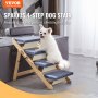 Perro blanco usando escaleras de madera VEVOR para mascotas cerca de un sofá gris en una sala de estar moderna.