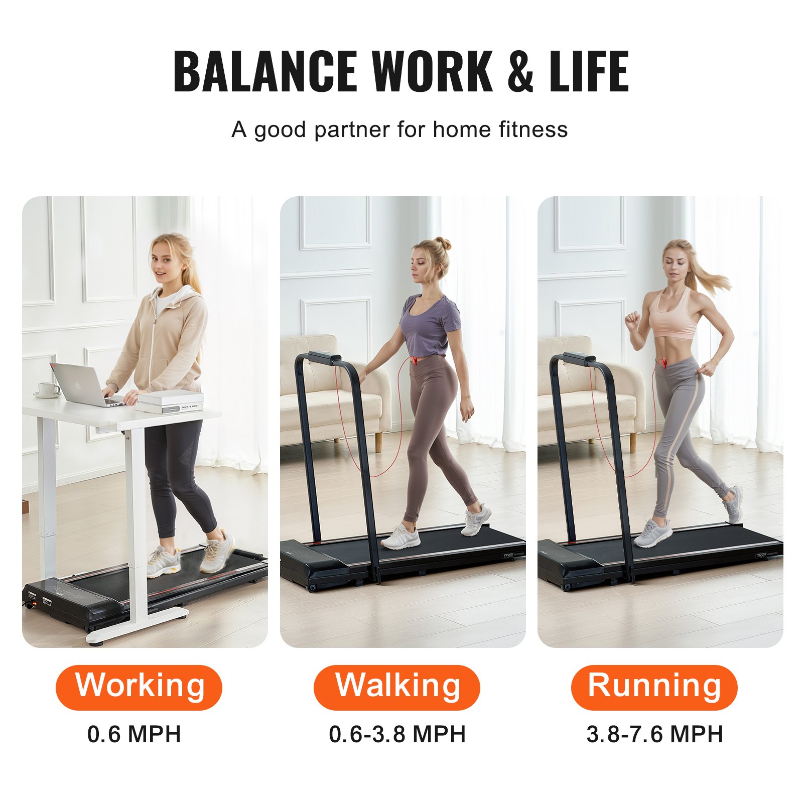 VEVOR Walking Pad Treadmill for Under-Desk Use, Work Treadmill, Foldable Treadmill with 120 kg Weight Capacity, Portable 2-in-1 Pad with 2.5 HP, Handlebar, Remote Control, LED Display, 1-12 km/h