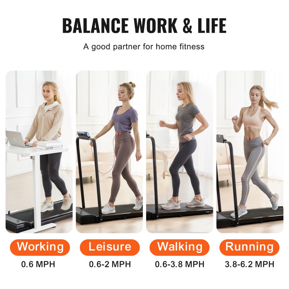 VEVOR Walking Pad Treadmill for Under-Desk Use, Work Treadmill, Foldable Treadmill with 120 kg Weight Capacity, Portable 2-in-1 Pad with 2.5 HP, Handlebar, Remote Control, LED Display, 1-10 km/h
