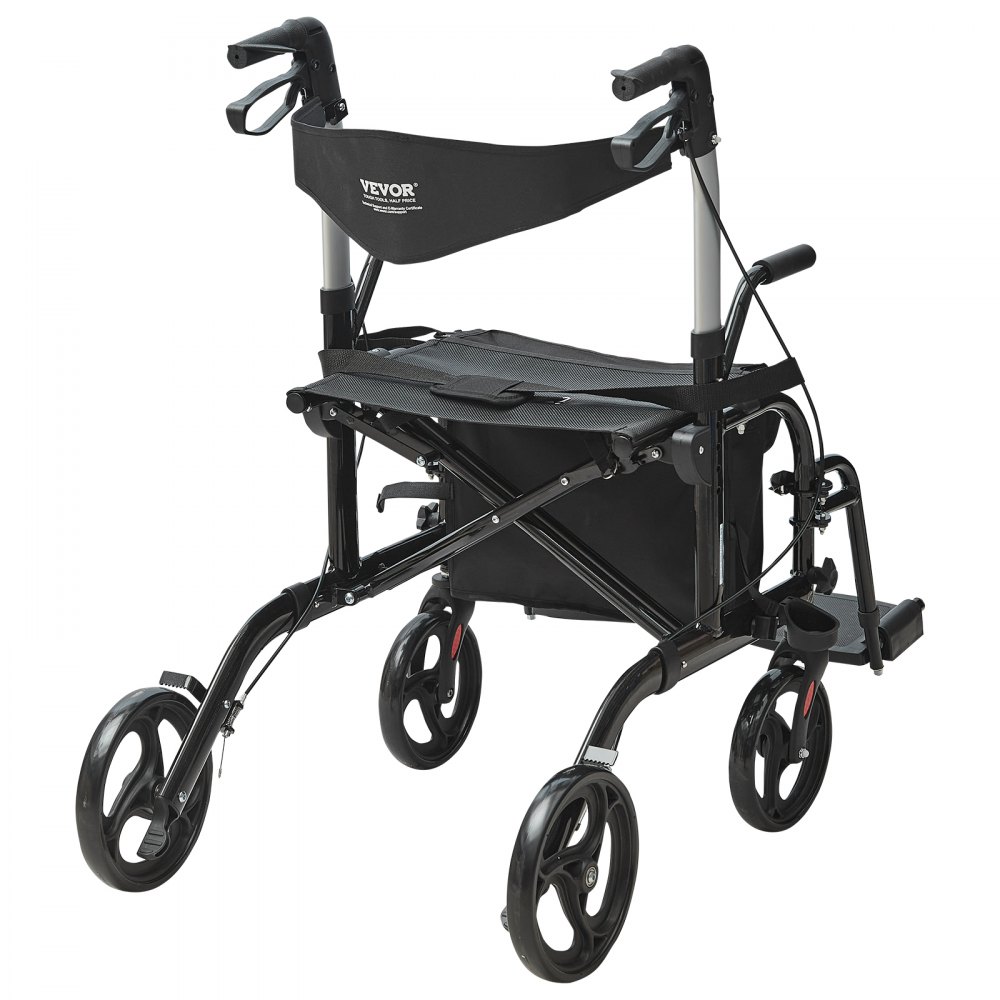 VEVOR Andador con Ruedas y Silla de Transporte para Personas Mayores, Andador Plegable con Ruedas y Reposapiés, Andador de Movilidad de Aluminio Ligero con Mango Ajustable, Ruedas Todo Terreno, 136 kg