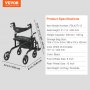 VEVOR Andador con Ruedas y Silla de Transporte para Personas Mayores, Andador Plegable con Ruedas y Reposapiés, Andador de Movilidad de Aluminio Ligero con Mango Ajustable, Ruedas Todo Terreno, 136 kg