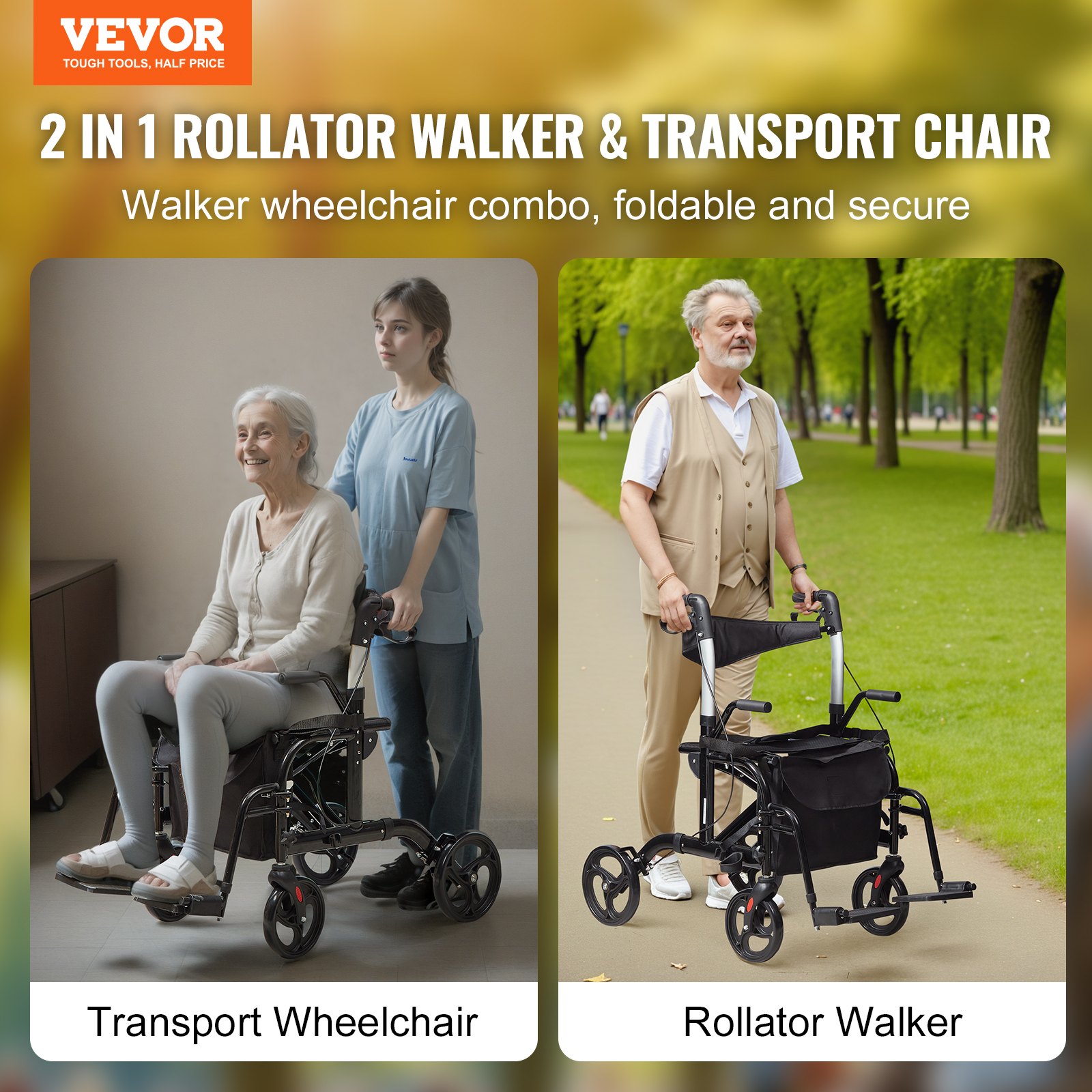 VEVOR Andador con Ruedas y Silla de Transporte para Personas Mayores, Andador Plegable con Ruedas y Reposapiés, Andador de Movilidad de Aluminio Ligero con Mango Ajustable, Ruedas Todo Terreno, 136 kg