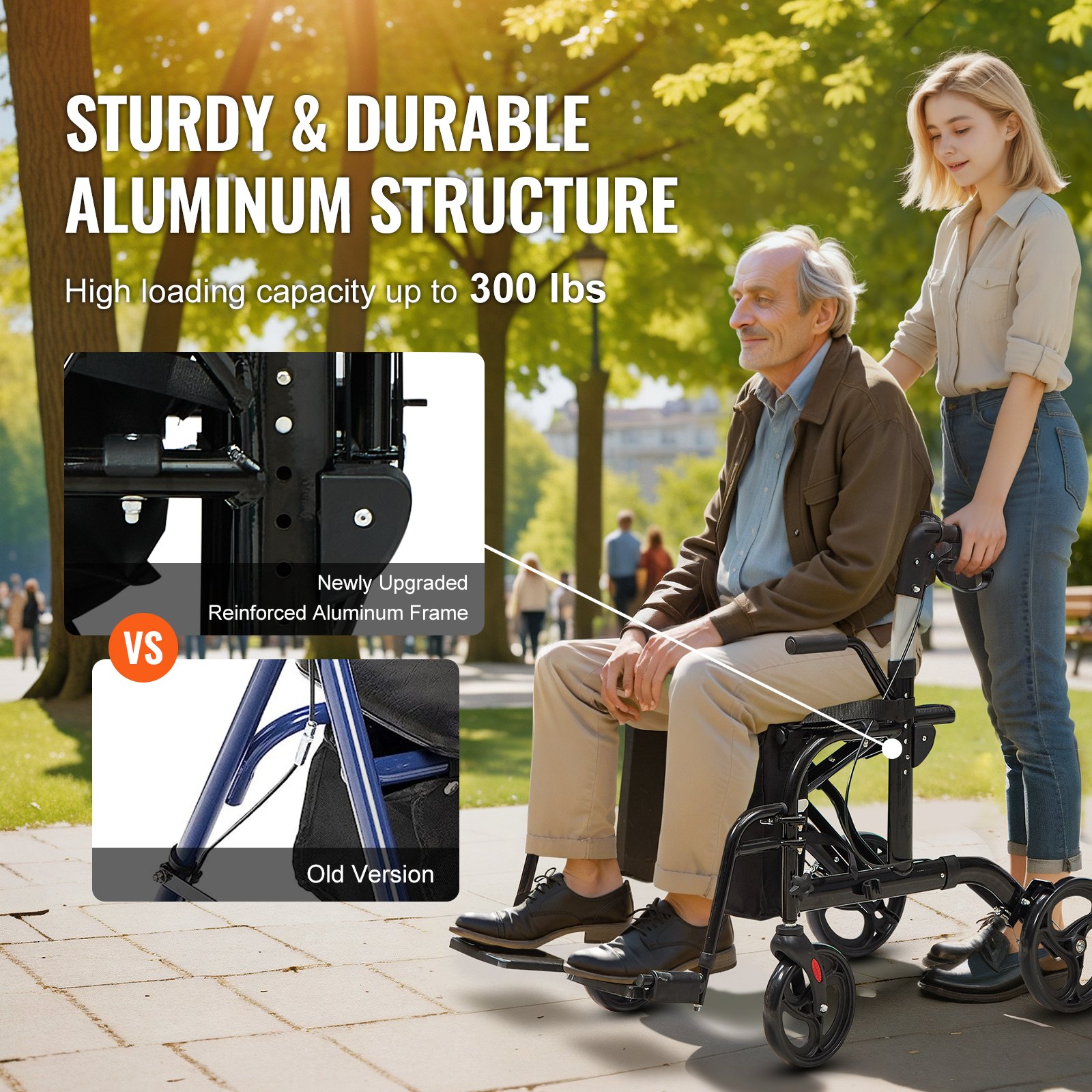 VEVOR Andador con Ruedas y Silla de Transporte para Personas Mayores, Andador Plegable con Ruedas y Reposapiés, Andador de Movilidad de Aluminio Ligero con Mango Ajustable, Ruedas Todo Terreno, 136 kg