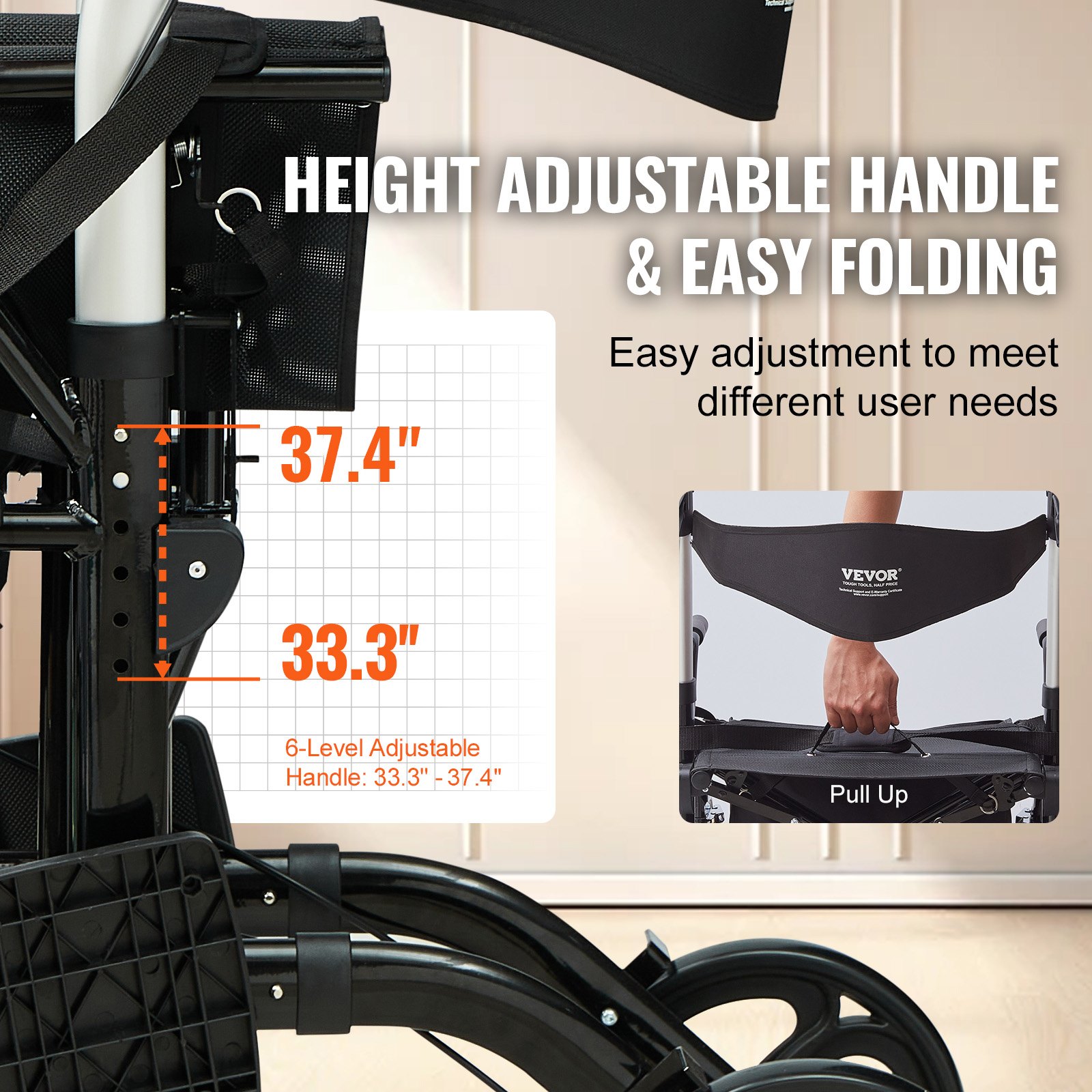 VEVOR Andador con Ruedas y Silla de Transporte para Personas Mayores, Andador Plegable con Ruedas y Reposapiés, Andador de Movilidad de Aluminio Ligero con Mango Ajustable, Ruedas Todo Terreno, 136 kg
