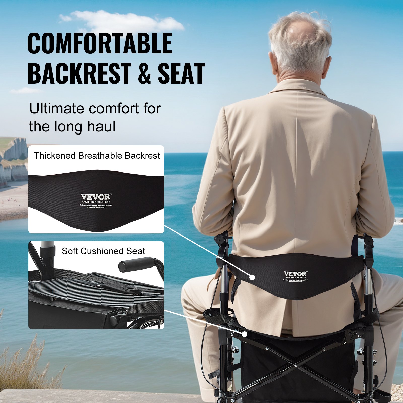 VEVOR Andador con Ruedas y Silla de Transporte para Personas Mayores, Andador Plegable con Ruedas y Reposapiés, Andador de Movilidad de Aluminio Ligero con Mango Ajustable, Ruedas Todo Terreno, 136 kg
