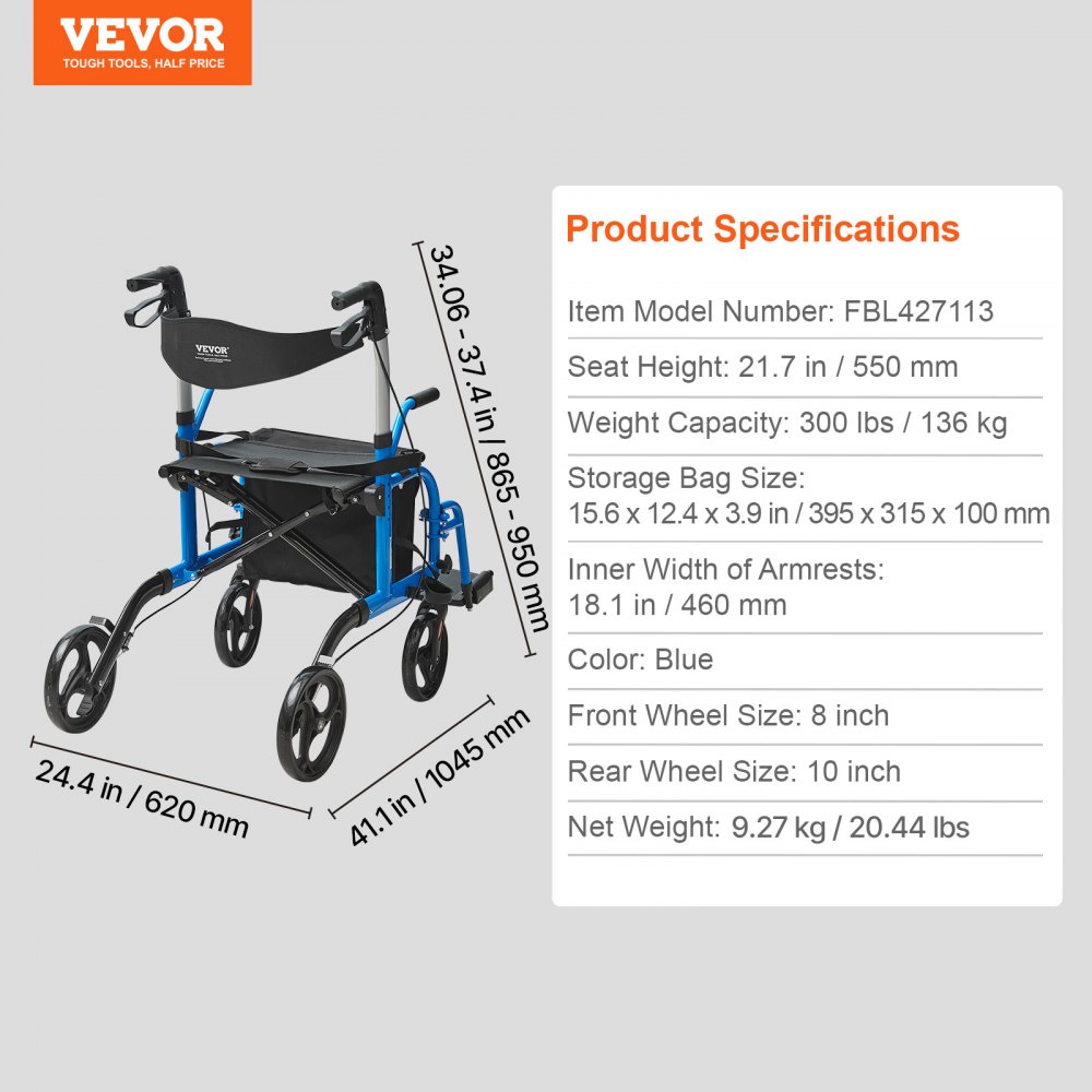 VEVOR Andador con Ruedas Silla de Transporte para Personas Mayores, Andador Plegable con Ruedas y Reposapiés, Andador de Movilidad de Aluminio Liviano con Mango Ajustable, Ruedas Todo Terreno, 136 kg