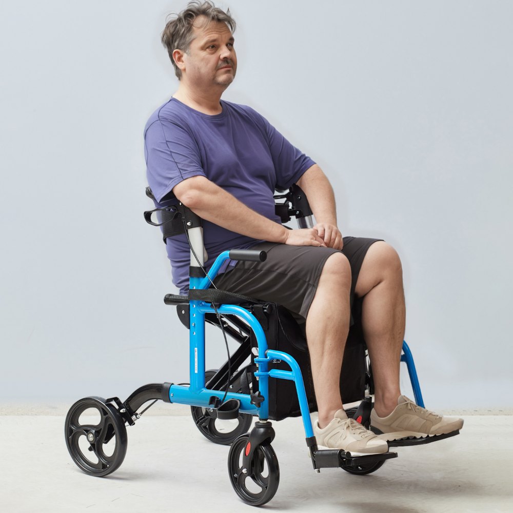 VEVOR Andador con Ruedas Silla de Transporte para Personas Mayores, Andador Plegable con Ruedas y Reposapiés, Andador de Movilidad de Aluminio Liviano con Mango Ajustable, Ruedas Todo Terreno, 136 kg