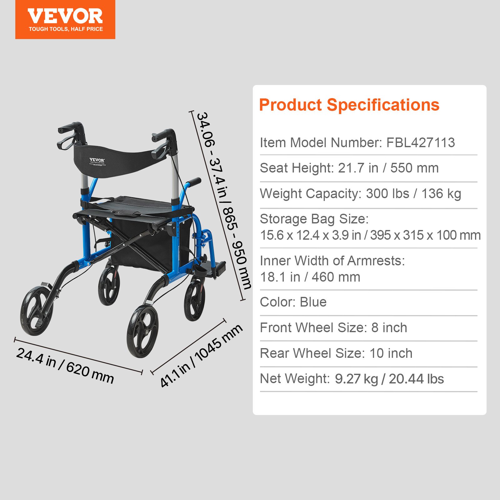 VEVOR Andador con Ruedas Silla de Transporte para Personas Mayores, Andador Plegable con Ruedas y Reposapiés, Andador de Movilidad de Aluminio Liviano con Mango Ajustable, Ruedas Todo Terreno, 136 kg