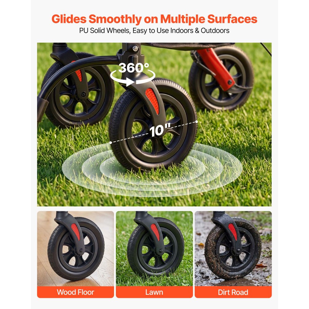 VEVOR Andador para Ancianos 2 en 1 con Asiento Soporta 136 kg, Ruedas de 25,4 cm, Silla de Transporte Plegable de Aleación de Aluminio, Reposabrazos Ajustable para Compras Exterior Personas Mayores