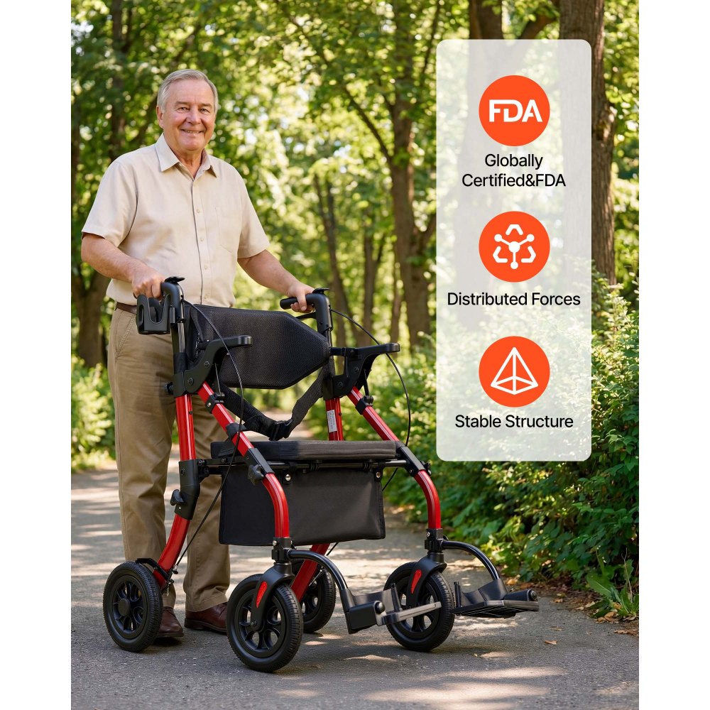 VEVOR Andador para Ancianos 2 en 1 con Asiento Soporta 136 kg, Ruedas de 25,4 cm, Silla de Transporte Plegable de Aleación de Aluminio, Reposabrazos Ajustable para Compras Exterior Personas Mayores