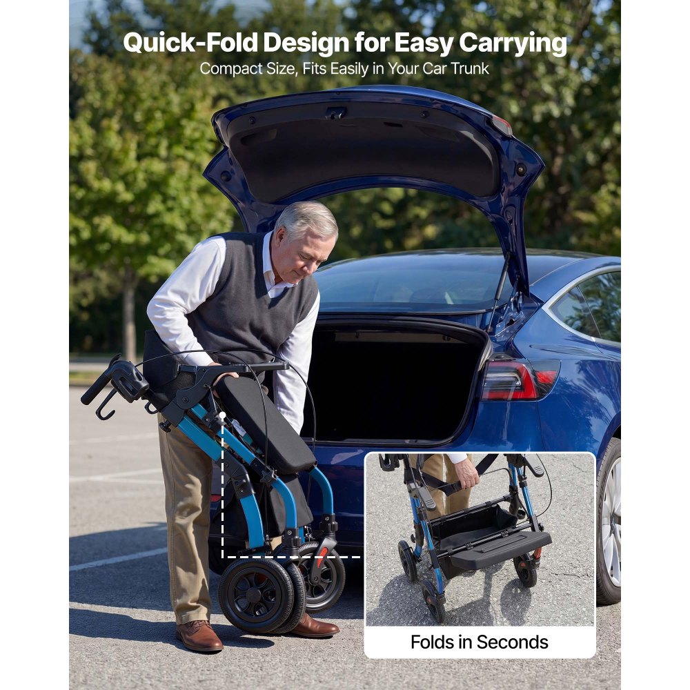 VEVOR Andador para Ancianos 2 en 1 con Ruedas de 25,4 cm, Asiento Soporta 136 kg, Silla de Transporte Plegable de Aleación de Aluminio, Reposabrazos Ajustable para Personas Mayores Compras y Exterior