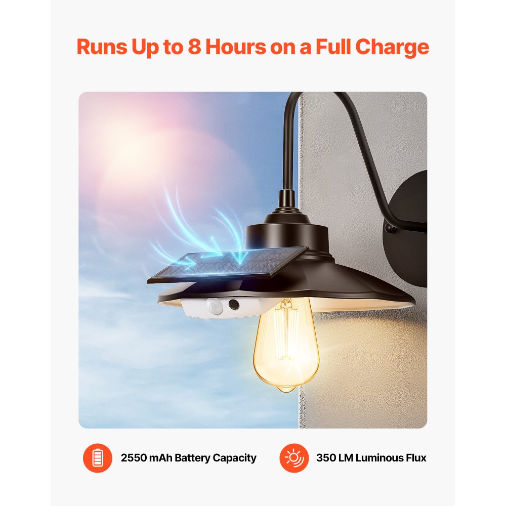 VEVOR Lámpara Solar de Granero para Exterior, 3 Modos de Iluminación, Cuello de Cisne, con Sensor de Movimiento, Compatible con Bombillas E26, para Patios, Porches, Entradas y Garajes, Negro