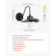 VEVOR Lámpara Solar de Granero para Exterior, 3 Modos de Iluminación, Cuello de Cisne, con Sensor de Movimiento, Compatible con Bombillas E26, para Patios, Porches, Entradas y Garajes, Negro