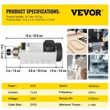 VEVOR Motor de Husillo Refrigerado por Aire de 4 kW Husillo, CNC ER25, Alta Concentricidad y Precisión y Equilibrio Dinámico, Motor de Husillo para Máquinas de Grabado o con Convertidor de Frecuencia