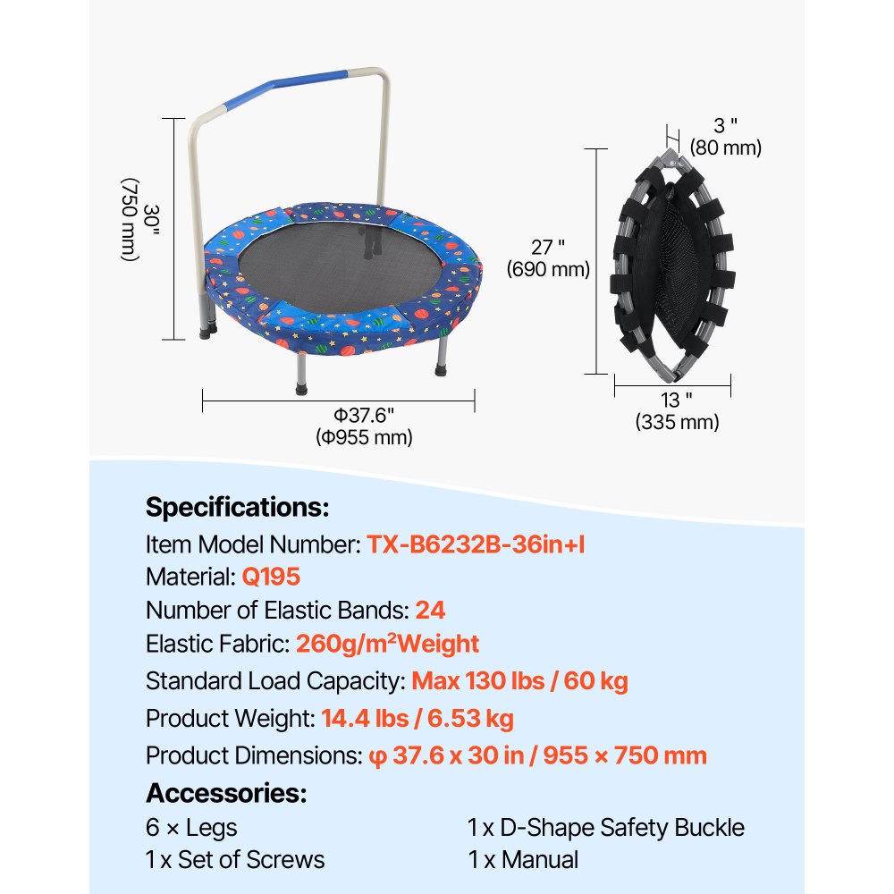 VEVOR Trampolín para Niños para Interiores y Exteriores, Mini Trampolín Plegable con Asa, Trampolín Rebotador para Niños de 3 Años en Adelante, Niños y Niñas para Divertirse, Azul, 955 x 750 mm