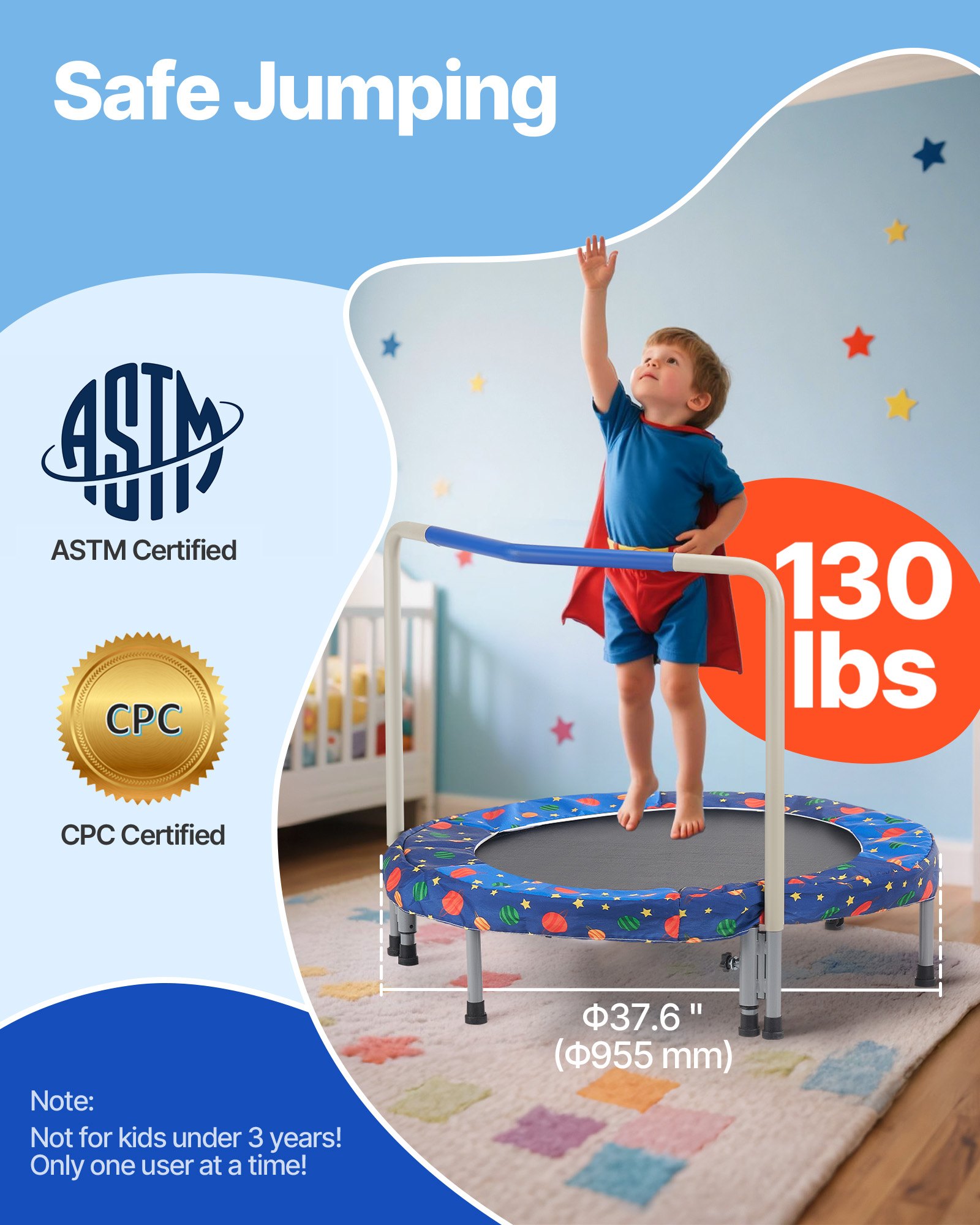 VEVOR Trampolín para Niños para Interiores y Exteriores, Mini Trampolín Plegable con Asa, Trampolín Rebotador para Niños de 3 Años en Adelante, Niños y Niñas para Divertirse, Azul, 955 x 750 mm