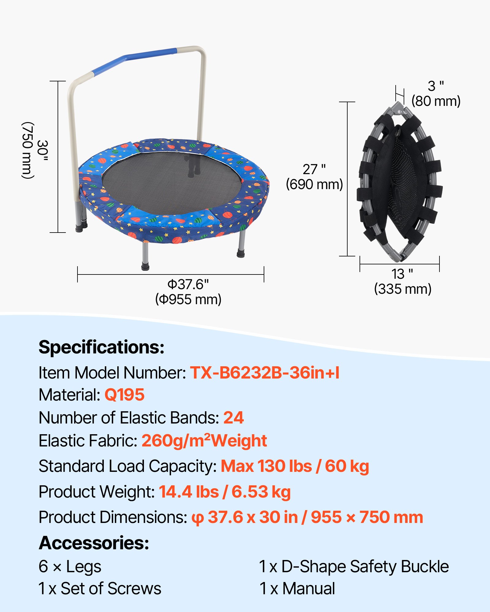 VEVOR Trampolín para Niños para Interiores y Exteriores, Mini Trampolín Plegable con Asa, Trampolín Rebotador para Niños de 3 Años en Adelante, Niños y Niñas para Divertirse, Azul, 955 x 750 mm