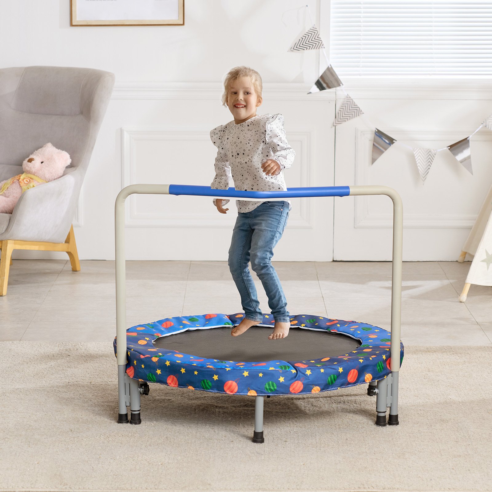 VEVOR Trampolín para Niños para Interiores y Exteriores, Mini Trampolín Plegable con Asa, Trampolín Rebotador para Niños de 3 Años en Adelante, Niños y Niñas para Divertirse, Azul, 955 x 750 mm