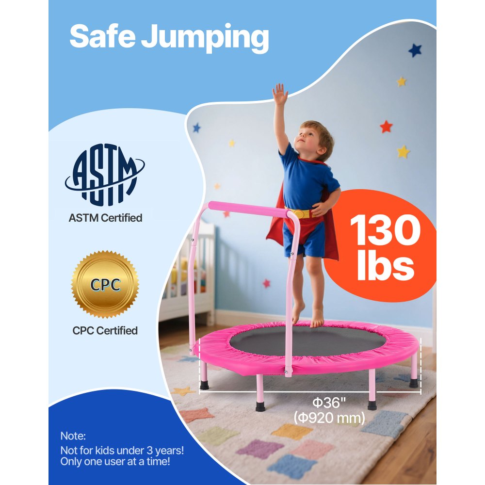 VEVOR Trampolín para Niños para Interiores y Exteriores, Mini Trampolín Plegable con Asa, Trampolín de Rebote para Niños de 3 Años en Adelante, para Niños y Niñas para Divertirse, Rosa, 920 x 805 mm