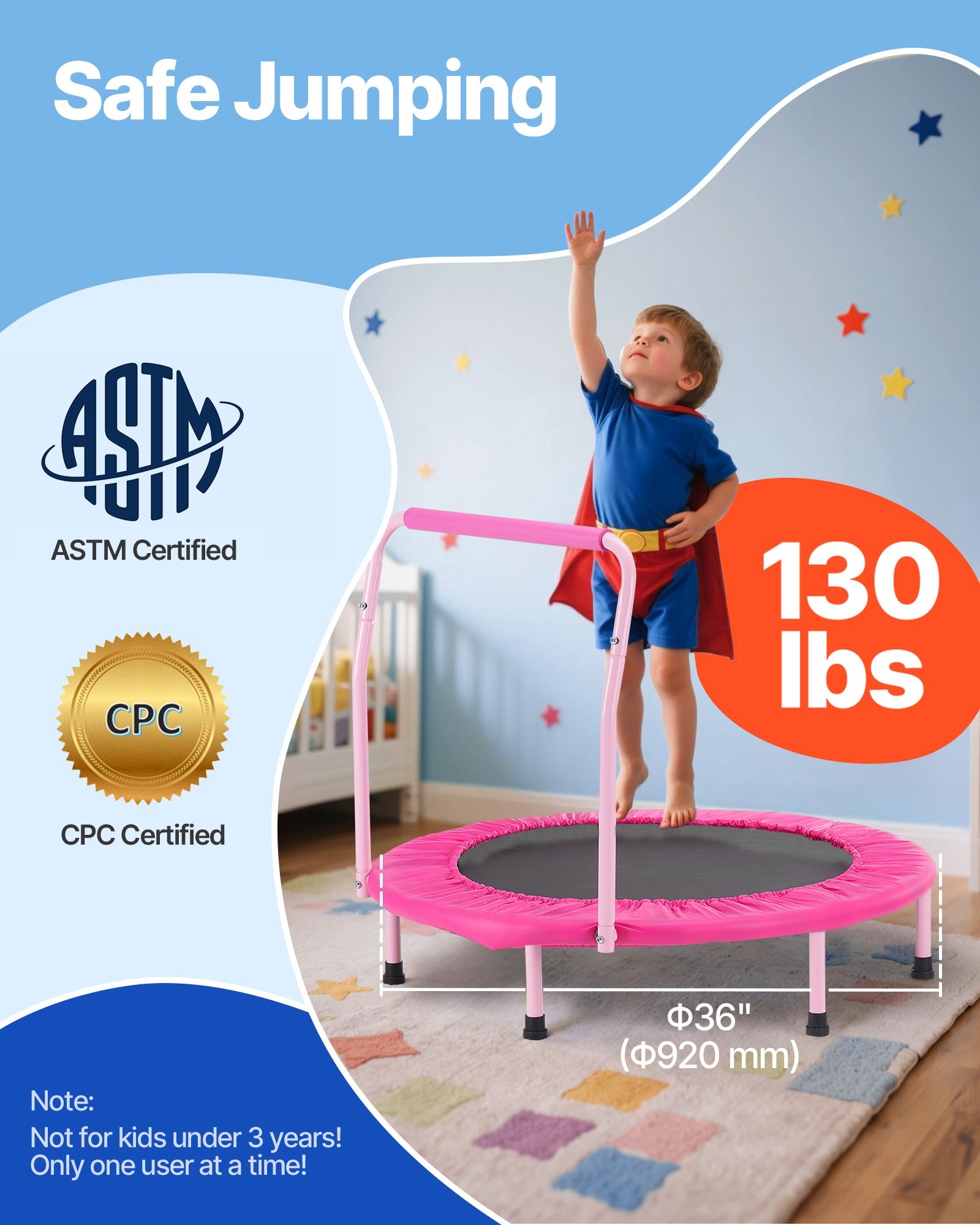 VEVOR Trampolín para Niños para Interiores y Exteriores, Mini Trampolín Plegable con Asa, Trampolín de Rebote para Niños de 3 Años en Adelante, para Niños y Niñas para Divertirse, Rosa, 920 x 805 mm