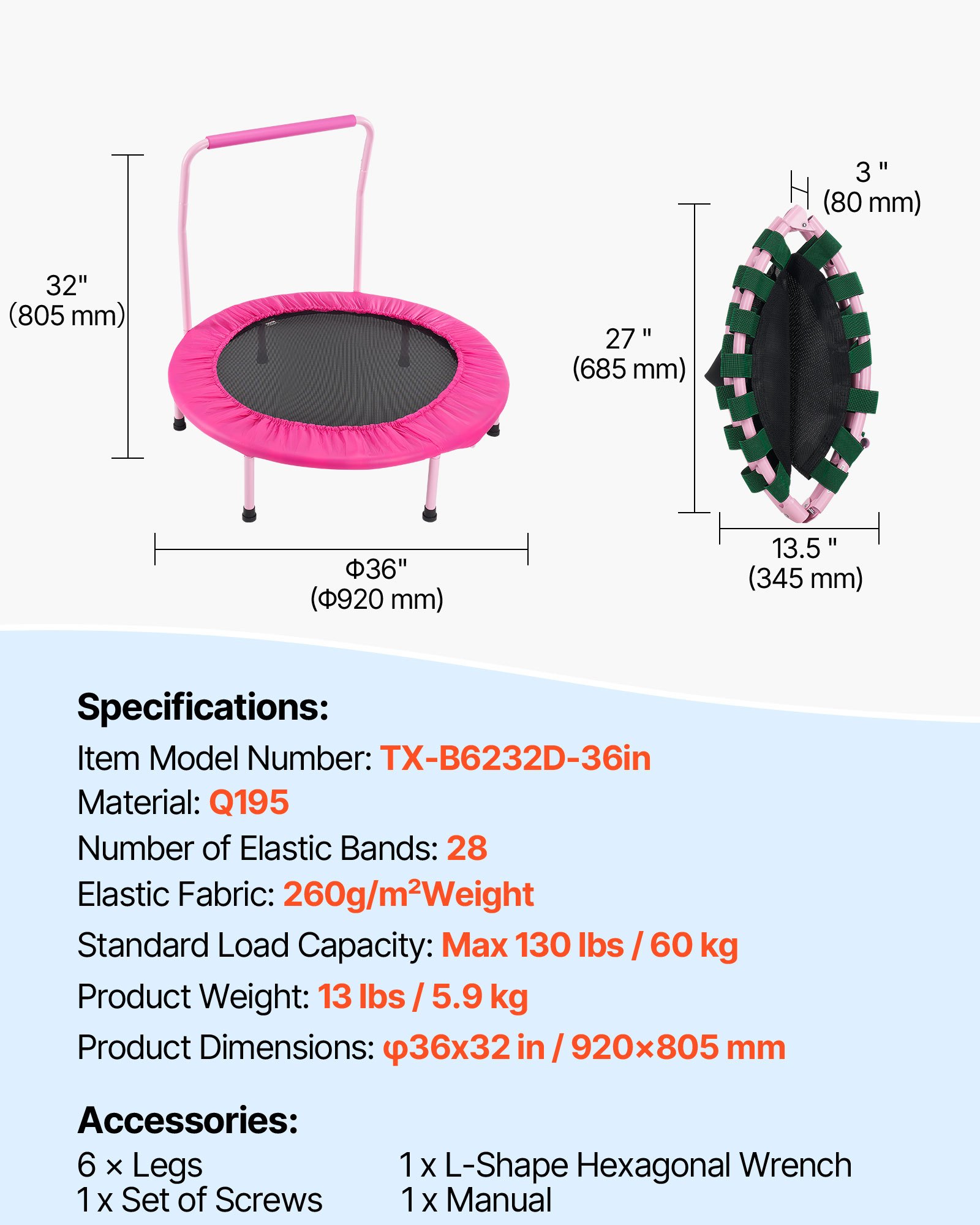VEVOR Trampolín para Niños para Interiores y Exteriores, Mini Trampolín Plegable con Asa, Trampolín de Rebote para Niños de 3 Años en Adelante, para Niños y Niñas para Divertirse, Rosa, 920 x 805 mm
