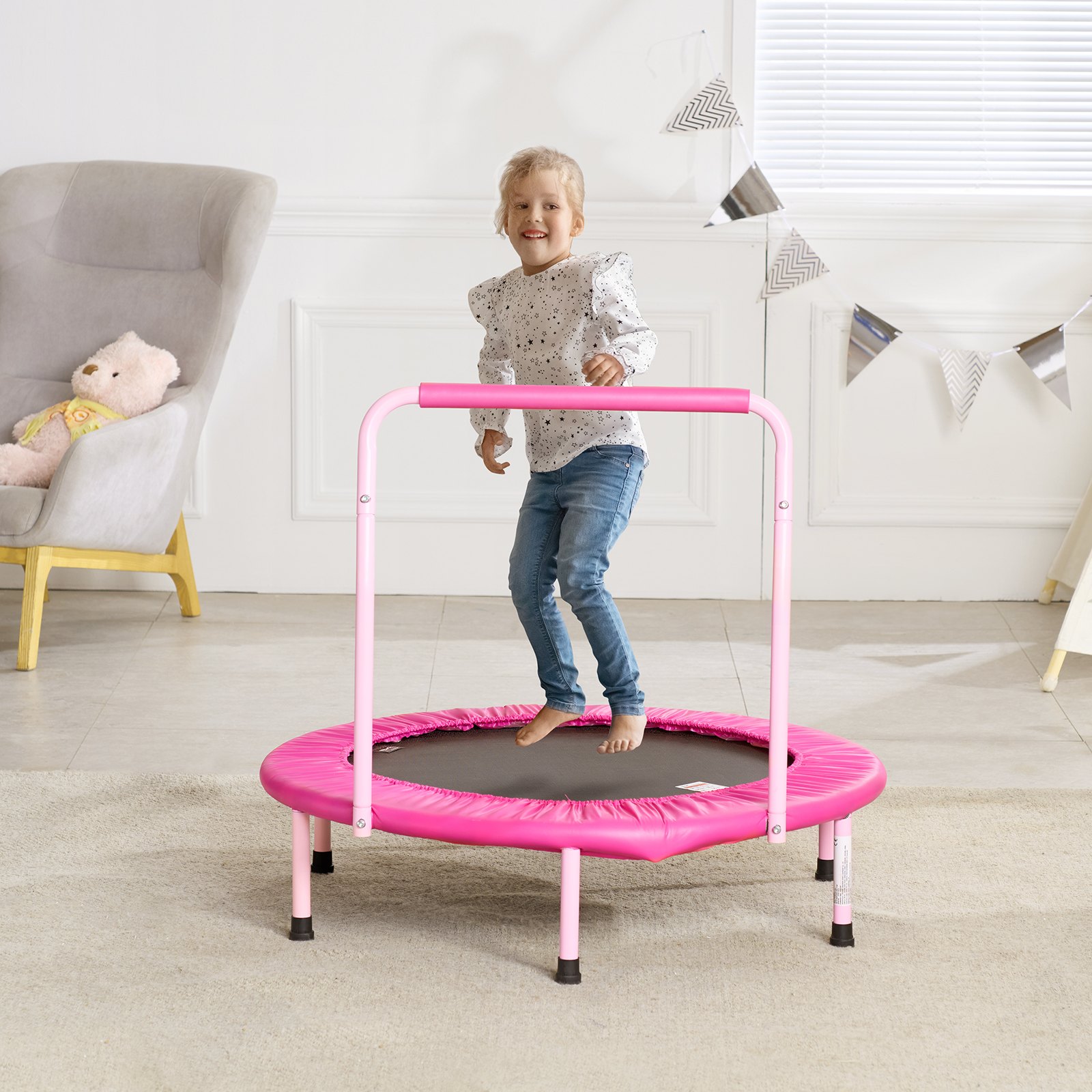 VEVOR Trampolín para Niños para Interiores y Exteriores, Mini Trampolín Plegable con Asa, Trampolín de Rebote para Niños de 3 Años en Adelante, para Niños y Niñas para Divertirse, Rosa, 920 x 805 mm