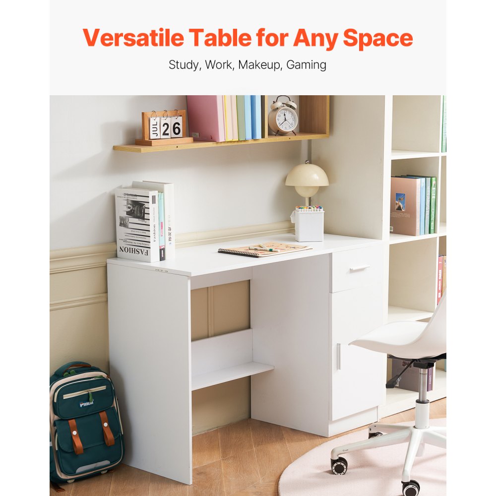 VEVOR small desk with drawer, desk for bedroom, simple wooden work table for drawing, reading, rectangular MDF work table with adjustable shelf for office, white