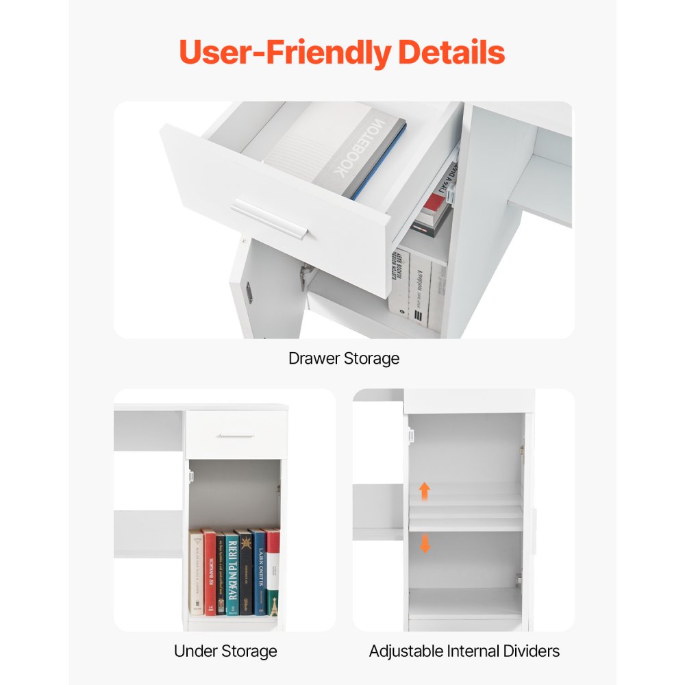 VEVOR small desk with drawer, desk for bedroom, simple wooden work table for drawing, reading, rectangular MDF work table with adjustable shelf for office, white