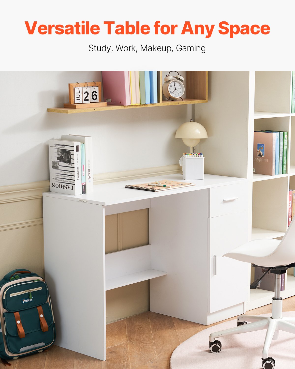 VEVOR small desk with drawer, desk for bedroom, simple wooden work table for drawing, reading, rectangular MDF work table with adjustable shelf for office, white