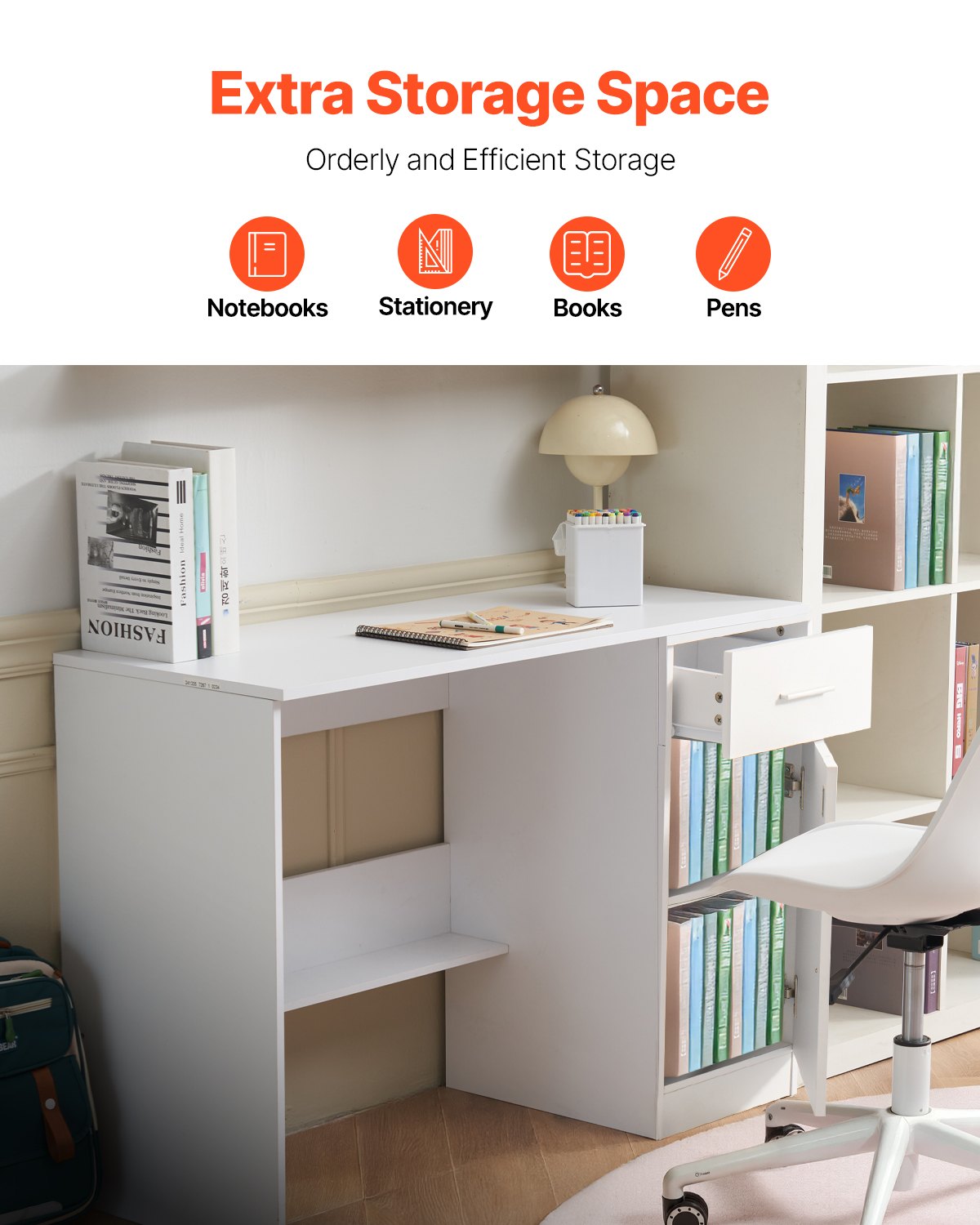 VEVOR small desk with drawer, desk for bedroom, simple wooden work table for drawing, reading, rectangular MDF work table with adjustable shelf for office, white