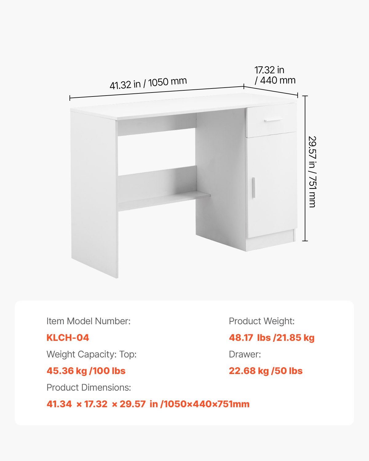 VEVOR small desk with drawer, desk for bedroom, simple wooden work table for drawing, reading, rectangular MDF work table with adjustable shelf for office, white