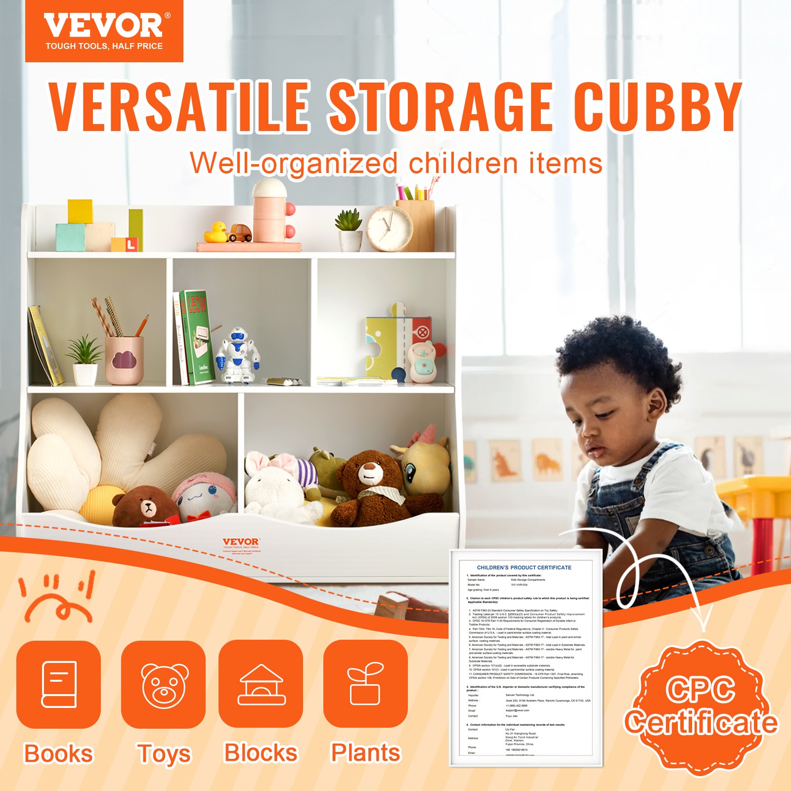 VEVOR Wooden Storage Unit for Children, Toy Storage Organizer with Bookshelf, 89 x 40 x 76 cm, 5-Compartment Toy Cabinet, Children's Book and Toy Shelf for Kids' Room, Playroom