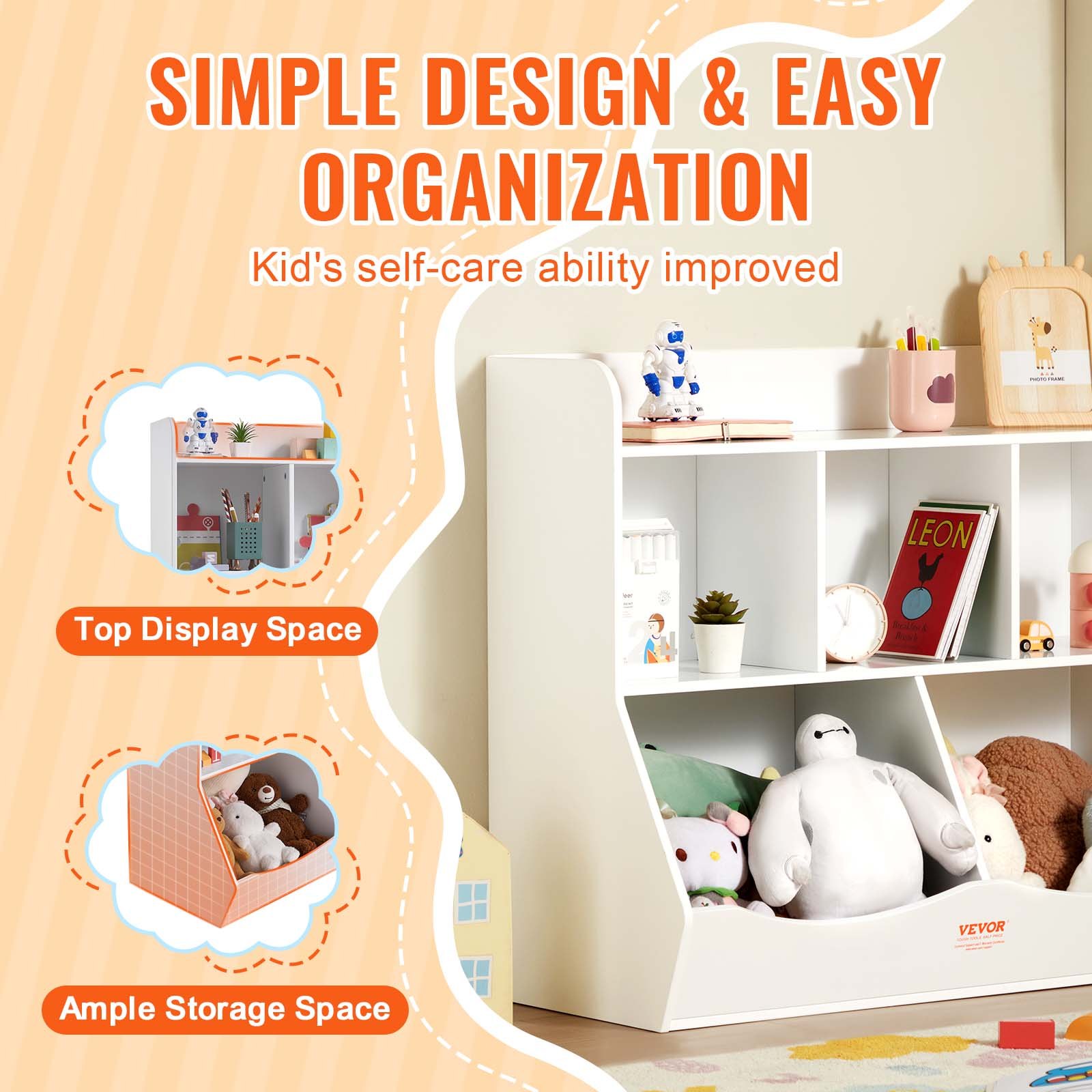 VEVOR Wooden Storage Unit for Children, Toy Storage Organizer with Bookshelf, 89 x 40 x 76 cm, 5-Compartment Toy Cabinet, Children's Book and Toy Shelf for Kids' Room, Playroom