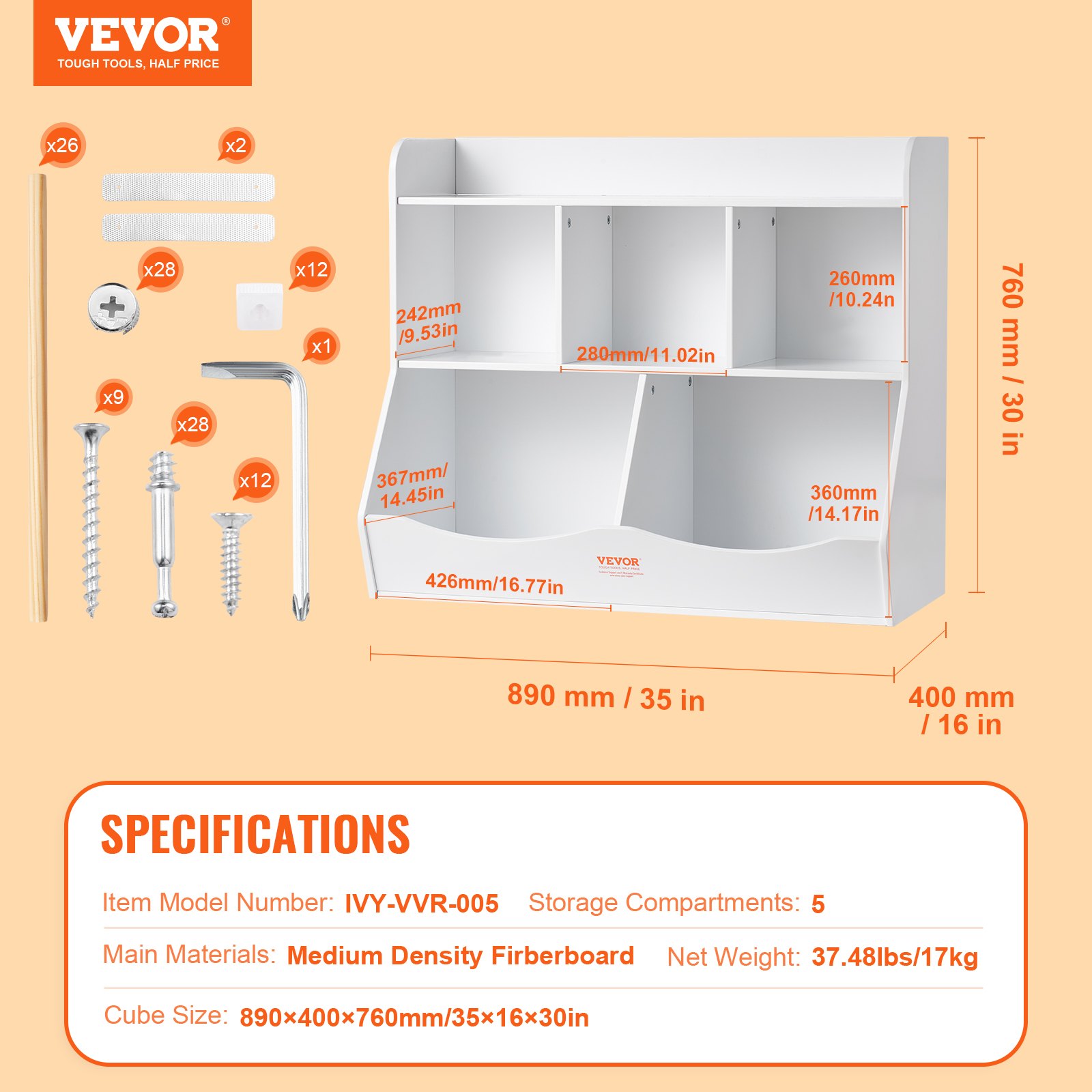 VEVOR Wooden Storage Unit for Children, Toy Storage Organizer with Bookshelf, 89 x 40 x 76 cm, 5-Compartment Toy Cabinet, Children's Book and Toy Shelf for Kids' Room, Playroom
