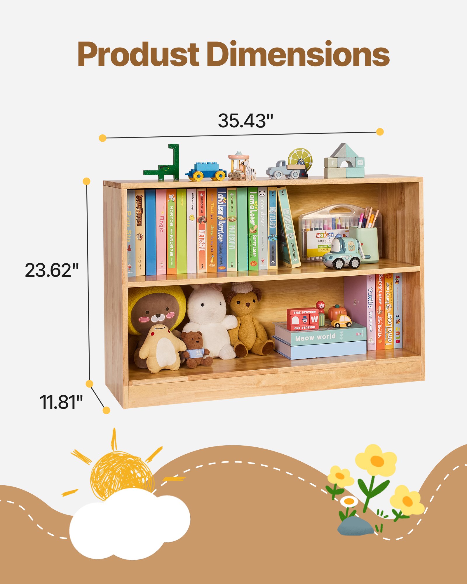 VEVOR Librería Infantil, Estantería para Juguetes de 2 Niveles 900 x 300 x 600 mm, Estantería para Guardar Juguetes, Libros, Mueble para Niños para Dormitorio, Habitación Infantil, Vitrina, Marrón