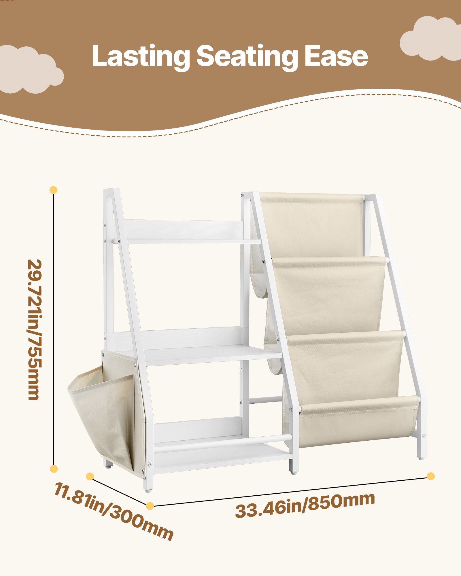 VEVOR Estantería Infantil de 3 Niveles, Estantería 850 x 300 x 755 mm con Soporte para Libros y Bolsa de Almacenamiento, Mueble para Niños para Dormitorio, Habitación Infantil y Salón, Blanco