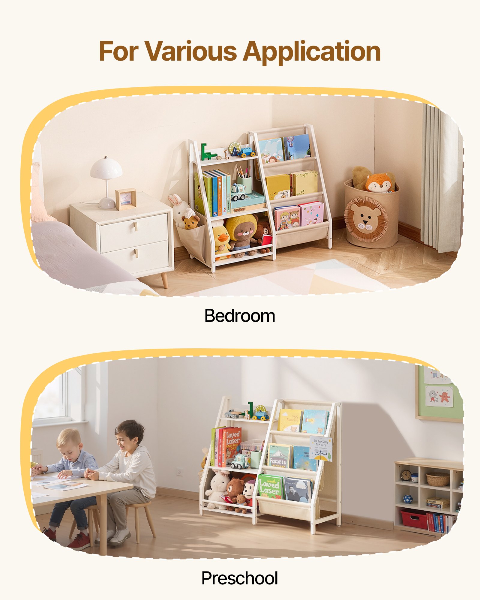 VEVOR Estantería Infantil de 3 Niveles, Estantería 850 x 300 x 755 mm con Soporte para Libros y Bolsa de Almacenamiento, Mueble para Niños para Dormitorio, Habitación Infantil y Salón, Blanco