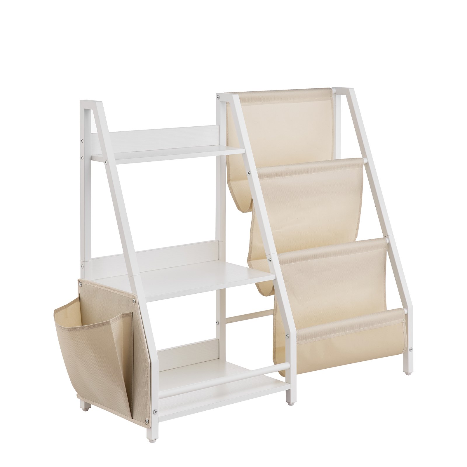 VEVOR Estantería Infantil de 3 Niveles, Estantería 850 x 300 x 755 mm con Soporte para Libros y Bolsa de Almacenamiento, Mueble para Niños para Dormitorio, Habitación Infantil y Salón, Blanco