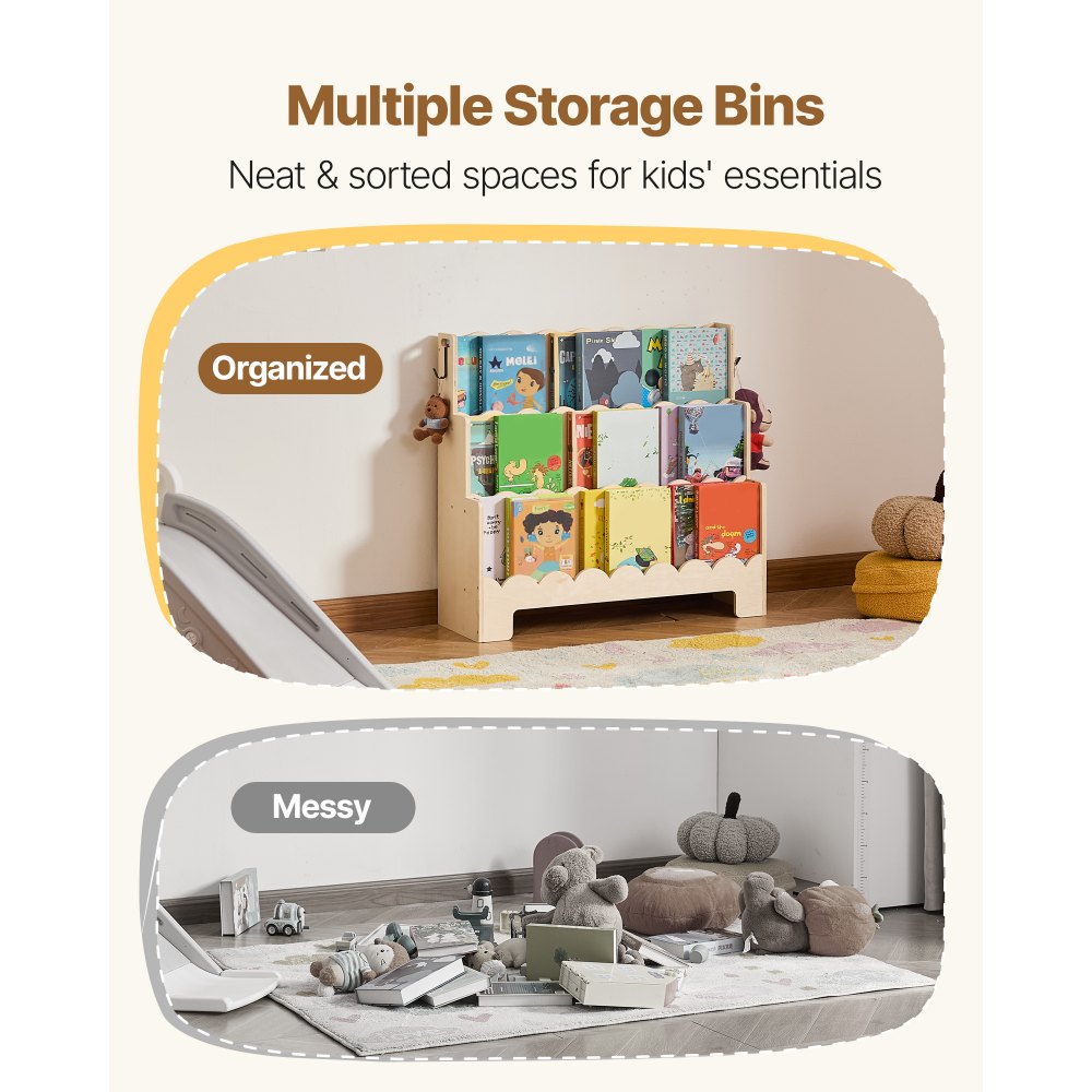 VEVOR Estantería Montessori, Librería Infantil 75 x 27 x 70 cm de 3 Niveles con Borde Festoneado, Estantería Frontal con Ganchos Dobles para Guardería, Preescolar y Jardín de Infancia, Marrón Claro