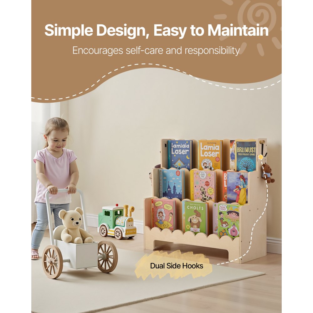 VEVOR Estantería Montessori, Librería Infantil 75 x 27 x 70 cm de 3 Niveles con Borde Festoneado, Estantería Frontal con Ganchos Dobles para Guardería, Preescolar y Jardín de Infancia, Marrón Claro
