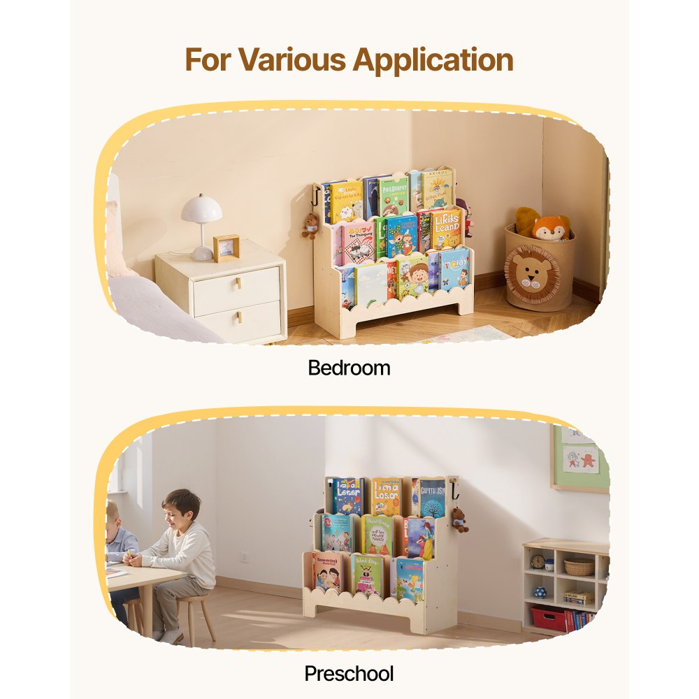 VEVOR Estantería Montessori, Librería Infantil 75 x 27 x 70 cm de 3 Niveles con Borde Festoneado, Estantería Frontal con Ganchos Dobles para Guardería, Preescolar y Jardín de Infancia, Marrón Claro