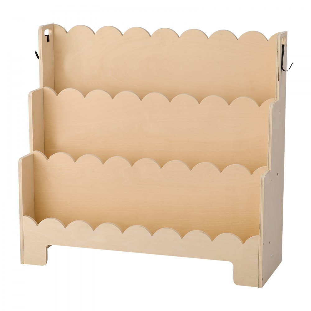 VEVOR Estantería Montessori, Librería Infantil 75 x 27 x 70 cm de 3 Niveles con Borde Festoneado, Estantería Frontal con Ganchos Dobles para Guardería, Preescolar y Jardín de Infancia, Marrón Claro