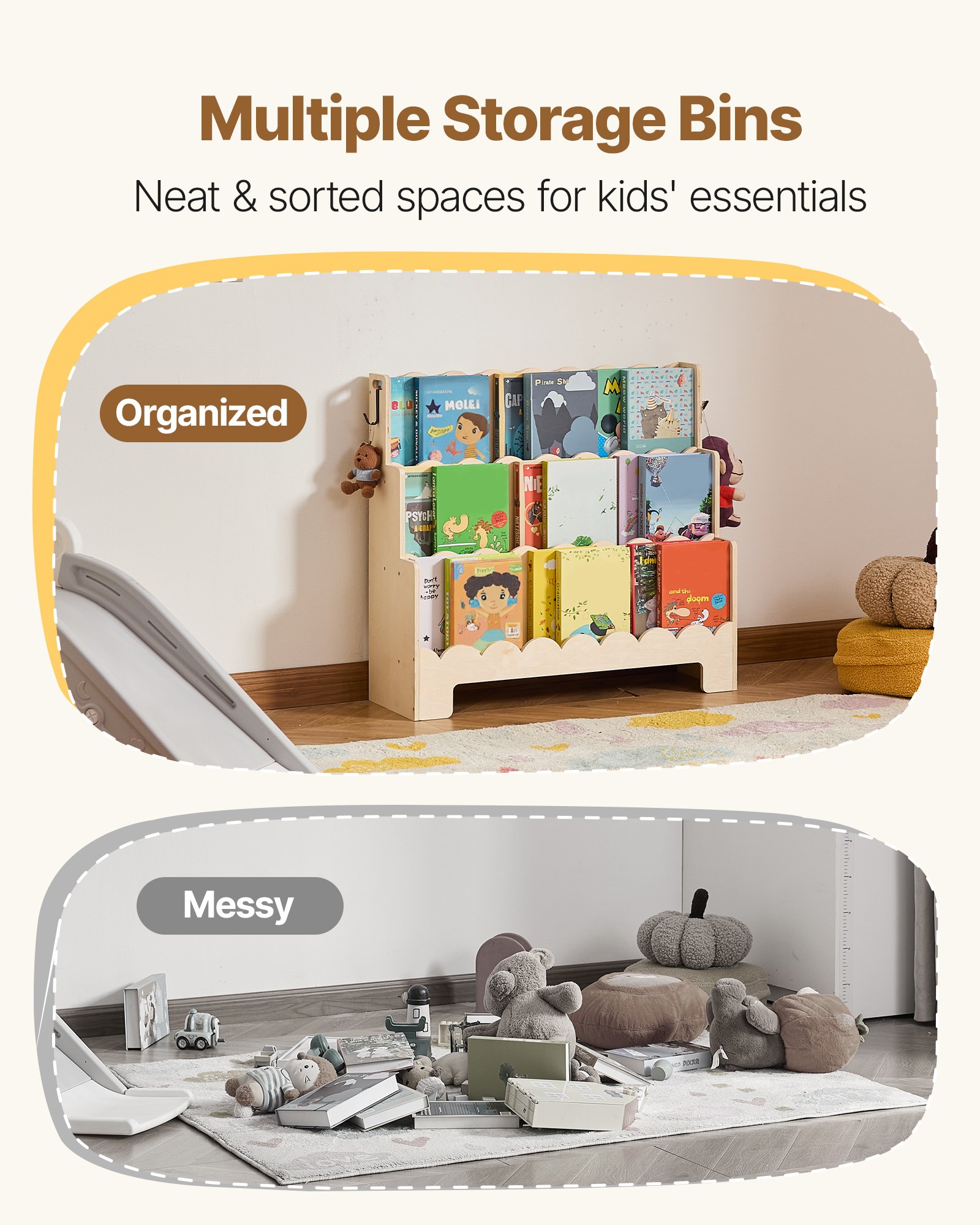 VEVOR Estantería Montessori, Librería Infantil 75 x 27 x 70 cm de 3 Niveles con Borde Festoneado, Estantería Frontal con Ganchos Dobles para Guardería, Preescolar y Jardín de Infancia, Marrón Claro