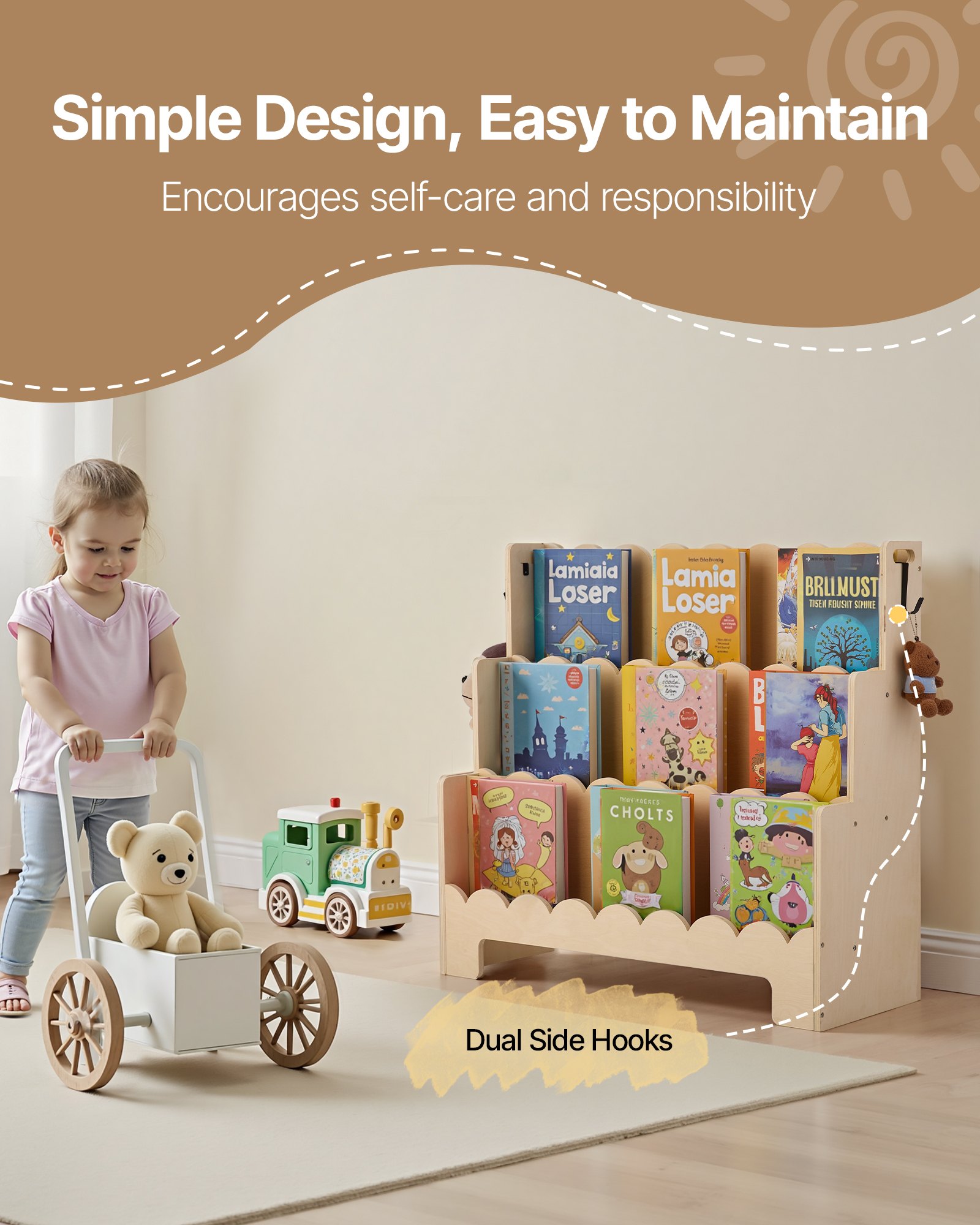 VEVOR Estantería Montessori, Librería Infantil 75 x 27 x 70 cm de 3 Niveles con Borde Festoneado, Estantería Frontal con Ganchos Dobles para Guardería, Preescolar y Jardín de Infancia, Marrón Claro