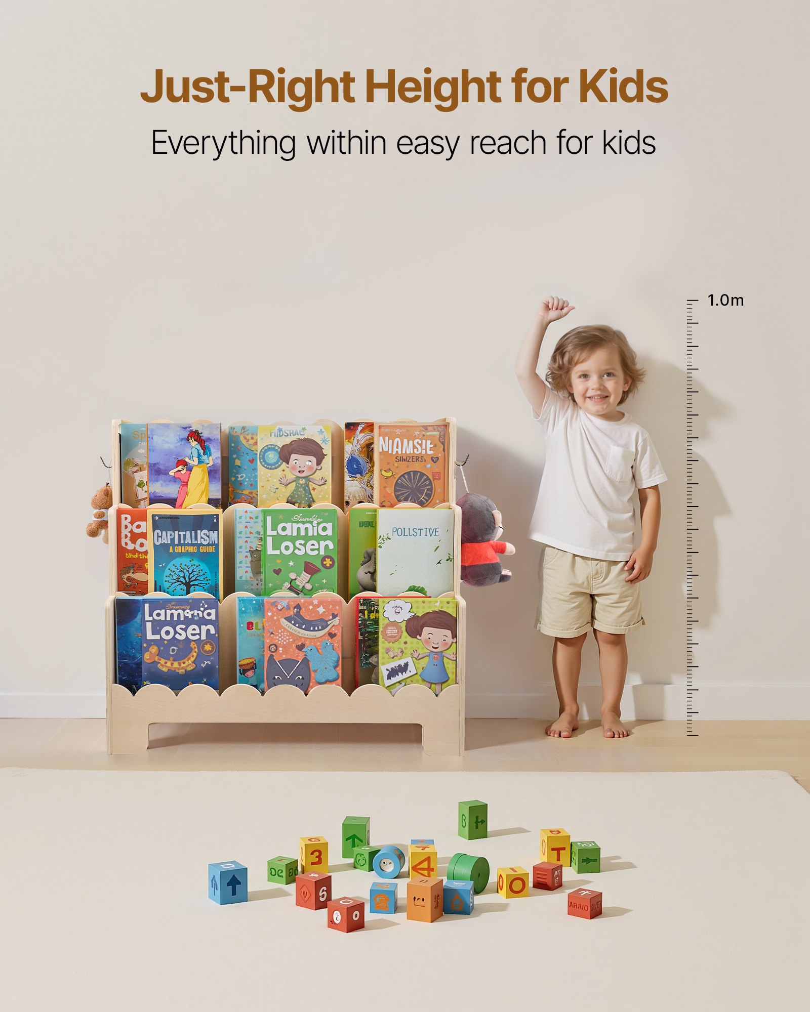 VEVOR Estantería Montessori, Librería Infantil 75 x 27 x 70 cm de 3 Niveles con Borde Festoneado, Estantería Frontal con Ganchos Dobles para Guardería, Preescolar y Jardín de Infancia, Marrón Claro