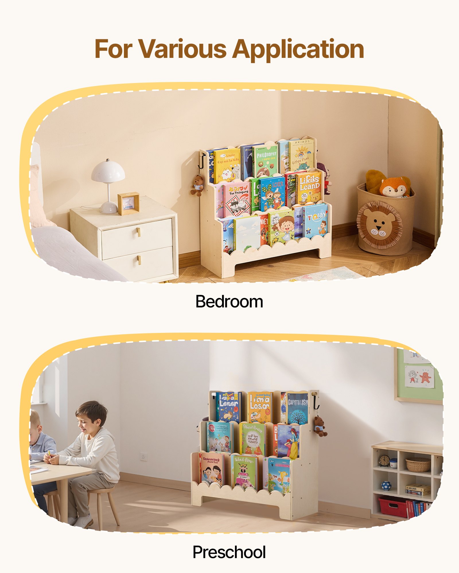 VEVOR Estantería Montessori, Librería Infantil 75 x 27 x 70 cm de 3 Niveles con Borde Festoneado, Estantería Frontal con Ganchos Dobles para Guardería, Preescolar y Jardín de Infancia, Marrón Claro