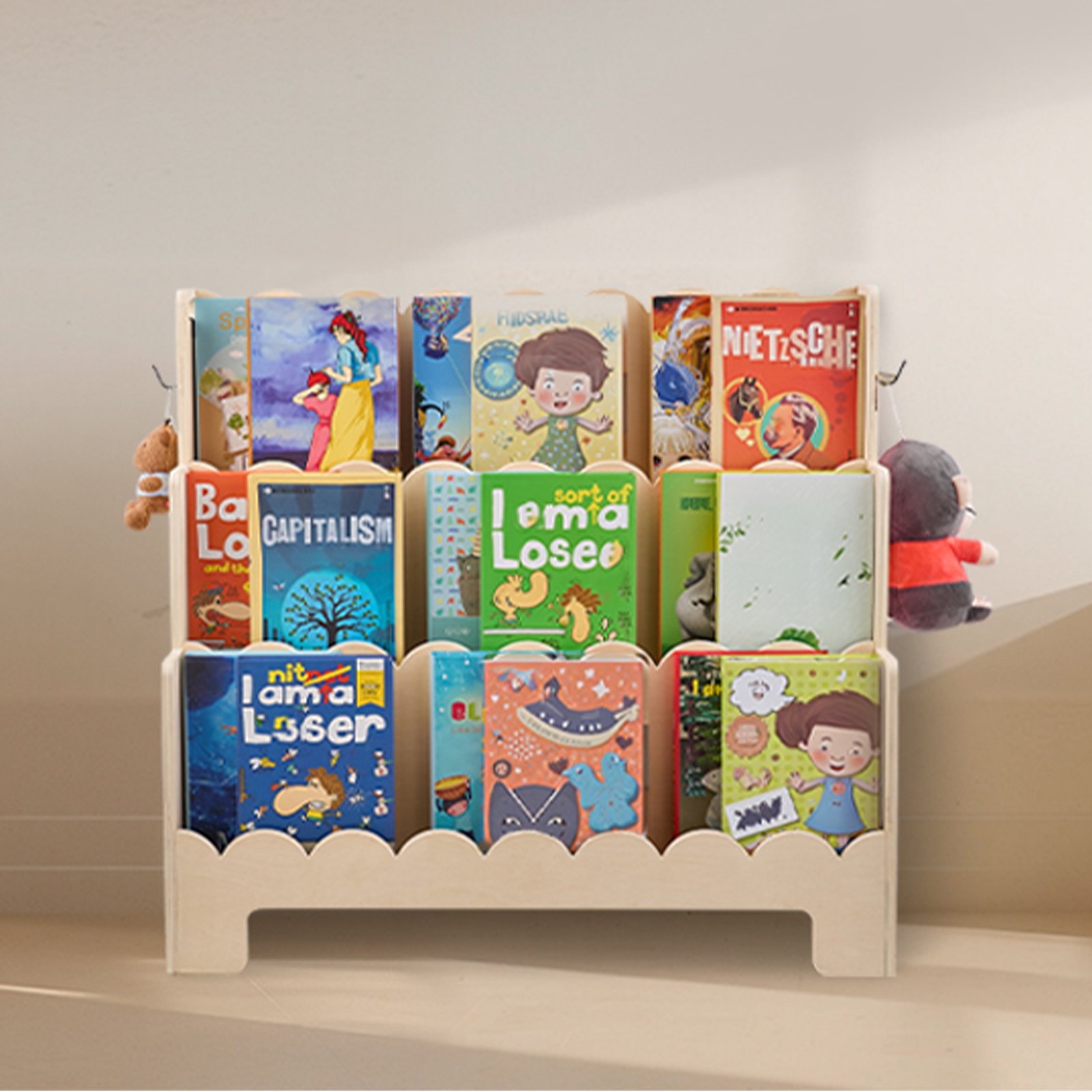 VEVOR Estantería Montessori, Librería Infantil 75 x 27 x 70 cm de 3 Niveles con Borde Festoneado, Estantería Frontal con Ganchos Dobles para Guardería, Preescolar y Jardín de Infancia, Marrón Claro