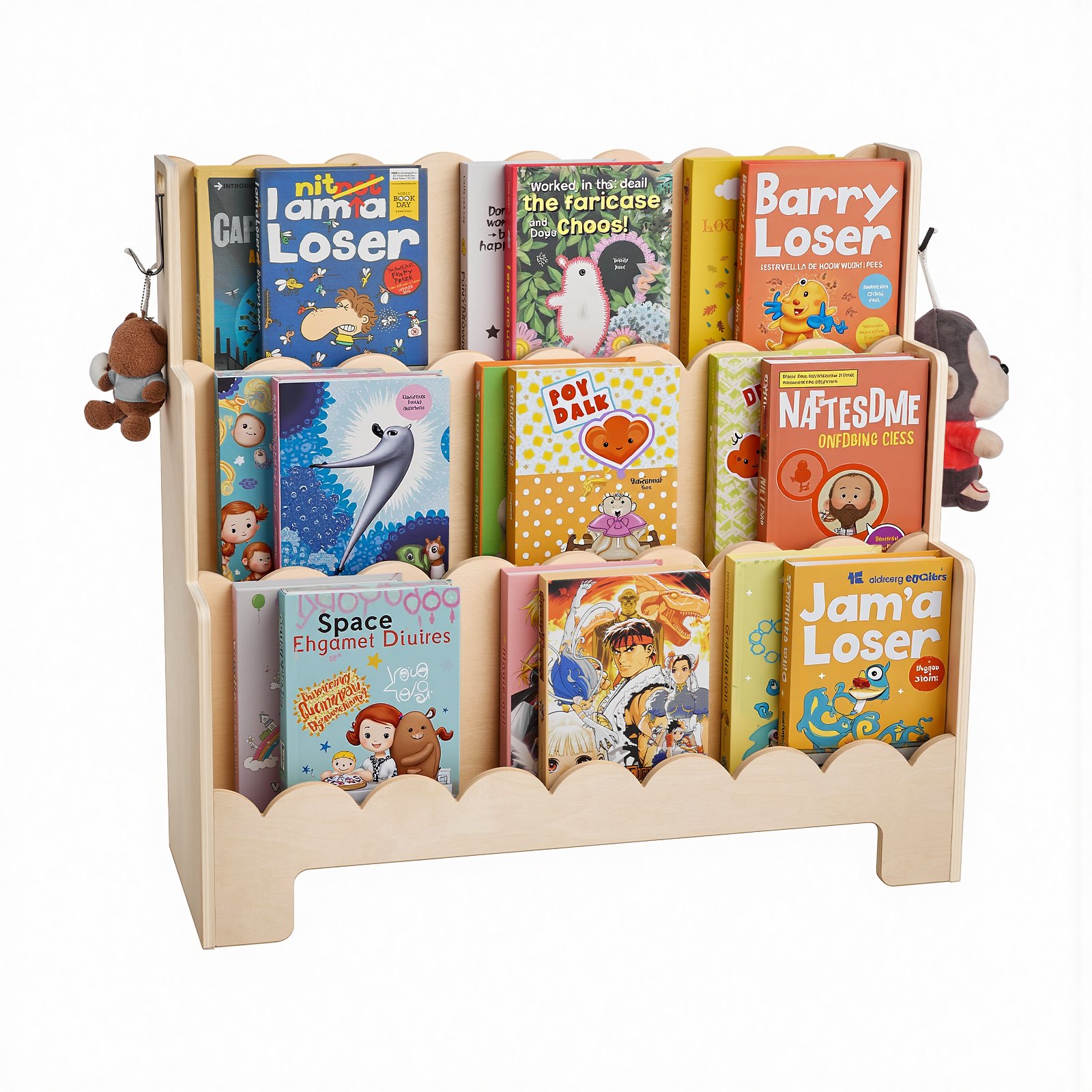 VEVOR Estantería Montessori, Librería Infantil 75 x 27 x 70 cm de 3 Niveles con Borde Festoneado, Estantería Frontal con Ganchos Dobles para Guardería, Preescolar y Jardín de Infancia, Marrón Claro